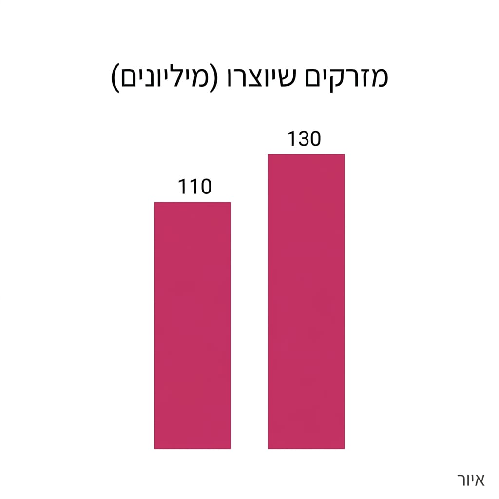 גרף עמודות המשווה בין מספר המזרקים שייצרה Croma בשנת 2025 לעומת 2026