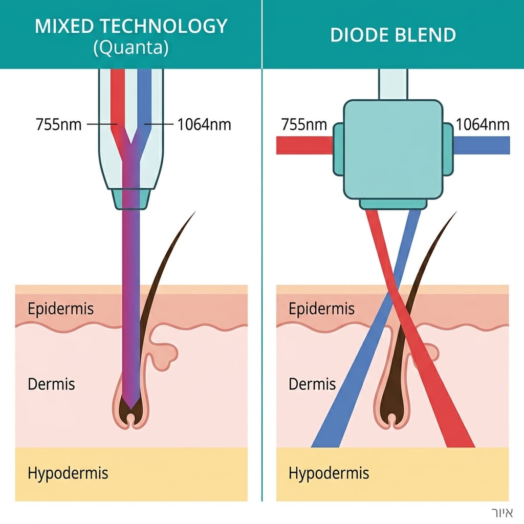 In Quanta's mixed technology the two wavelengths merge into a single beam that penetrates straight to the follicle in the dermis, versus a diode laser in which the beams cross, split and miss the follicle